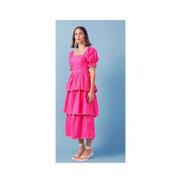 NWT English Factory Viral Sold Out Scallop Tiered Midi Dress Pink L - Picture 3 of 5